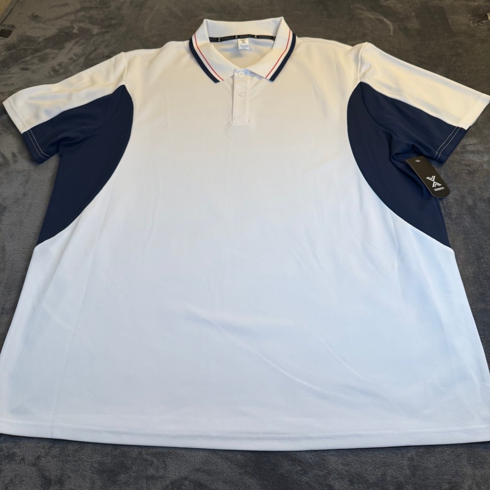 Xersion‎ White Navy Color Block Pique Classic Polo Shirt Quick Dry Mens XXL 2XL